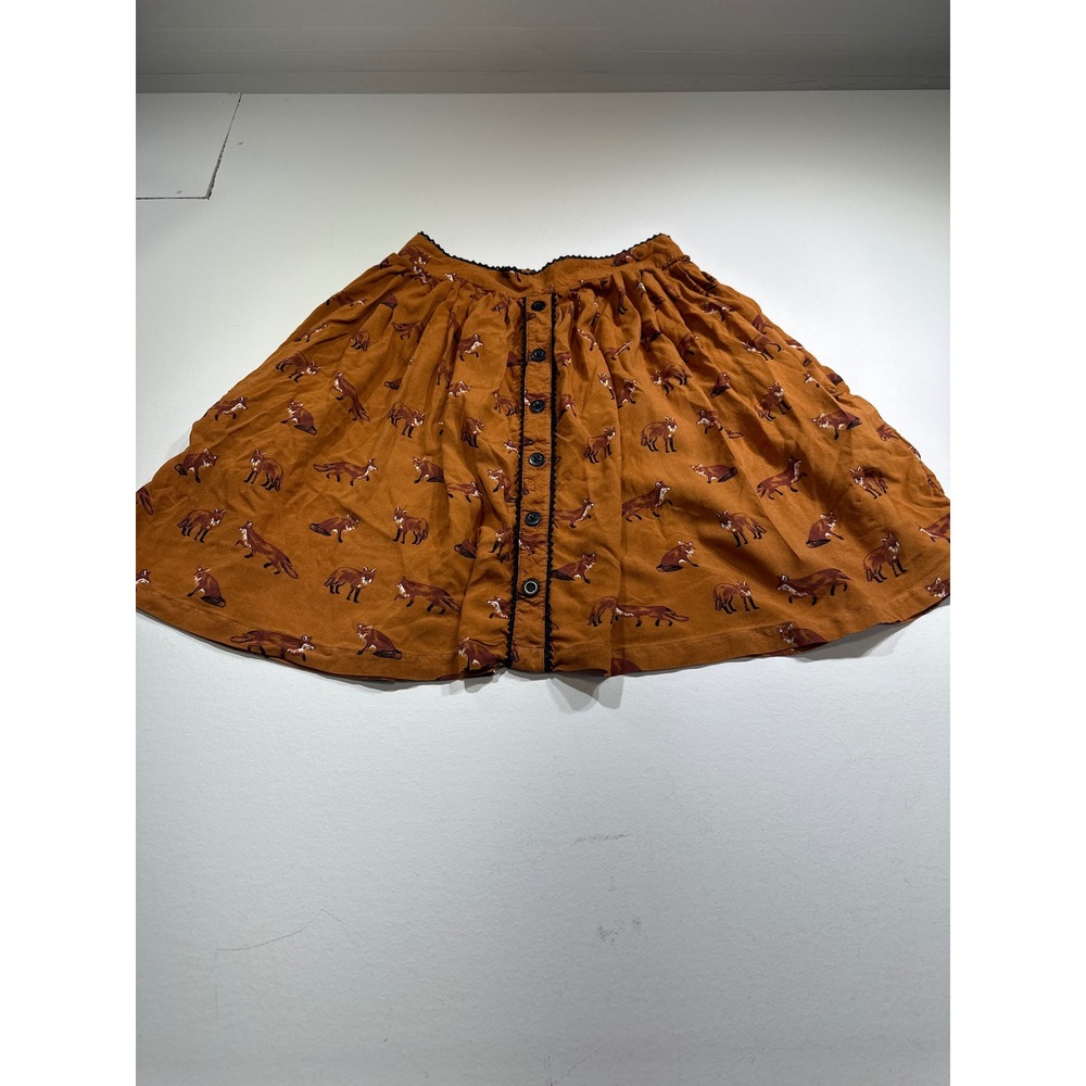 Hell Bunny Fox Print Mini Skirt Rust Orange Button Front Crochet Trim Small
